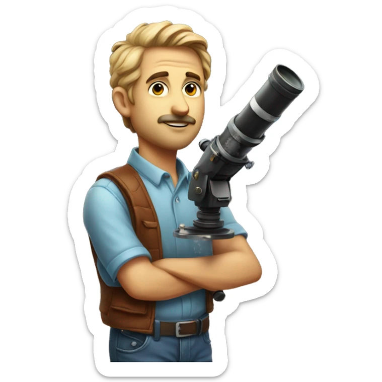 astronomer with a telescope and in his shirt printed as "ASTRONOMERS CLUB" sticker
