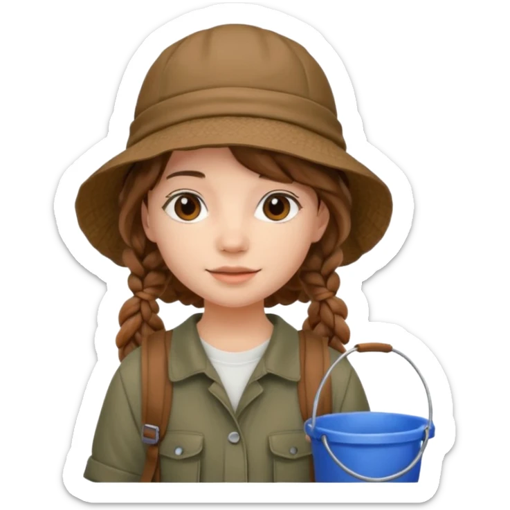 a young student girl with the backpack with bucket hat, brown wavy braided hair sticker