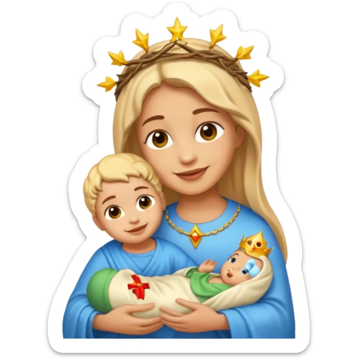 light skin Mary smiling at light skin baby Jesus, emoji style sticker