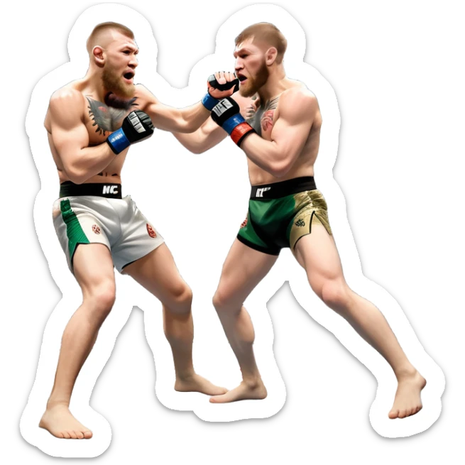 Iconic MMA match between Conor McGregor and Khabib Nurmagomedov in the octagon. McGregor throws a powerful punch while Khabib counters with a takedown attempt. The crowd roars in the background as the fighters showcase their intense rivalry. Transparent background captures the high-stakes fight sticker