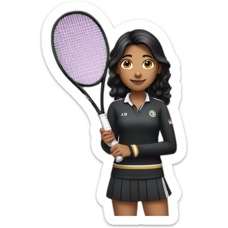 indian girl teenager holding a tennis racket wearing a black tennis uniform with wavy black hair sticker