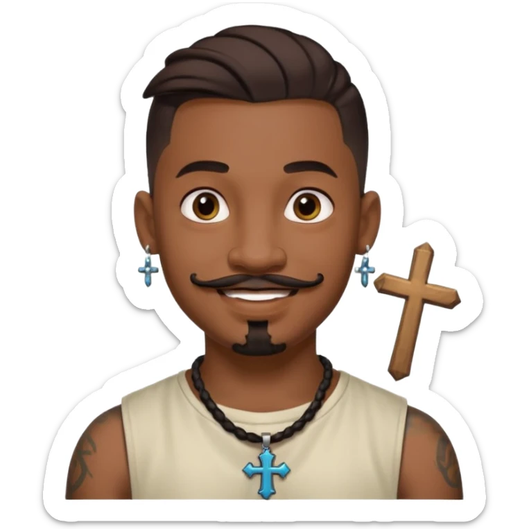 Deci creează mi un emoticon cu un băiat mai creol care are doar o coadă are cercel intr o ureche are tatuaje și barba cioc și mustața și are lanț la gât cu cruce sticker