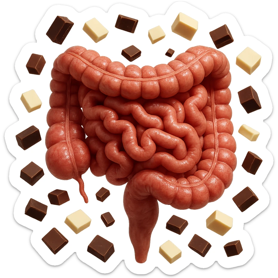 pezzetti di cioccolato fondenti, al latte e bianchi fluttuano intorno ad un intestino umano anatomico realistico, IPERREALISTICO 4K sticker