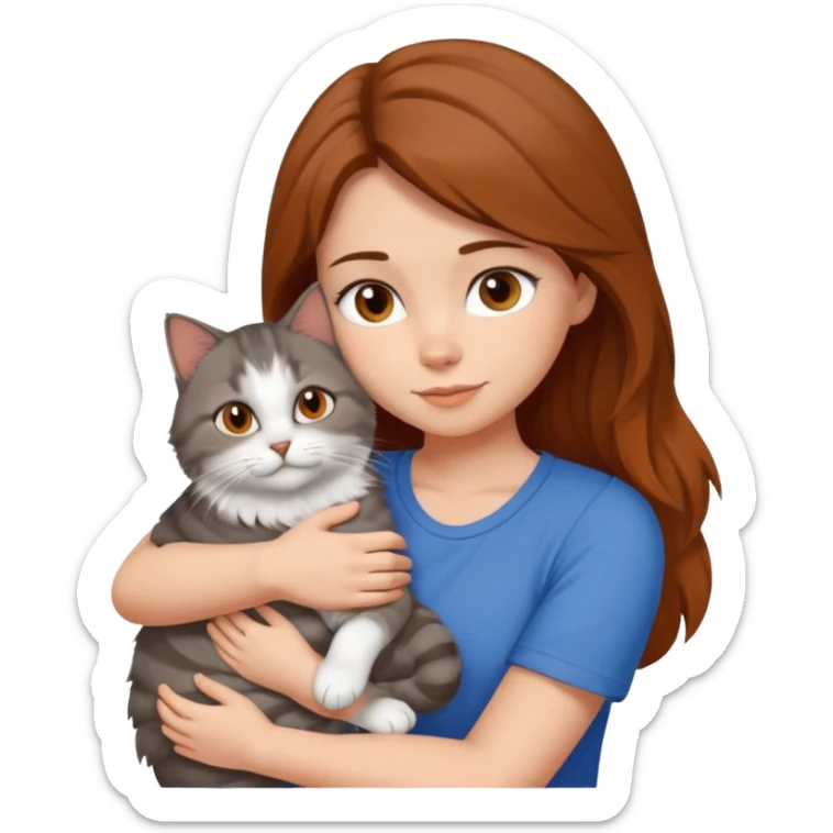 a white girl with brown and hair and a blue top hugging a siberian cat color brown, orange, gray, mixed colors sticker