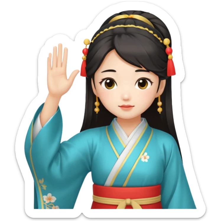 cute and sexy chinese girl in hanfu, paying respect by "salute" gesture, using right hand next to forehead sticker