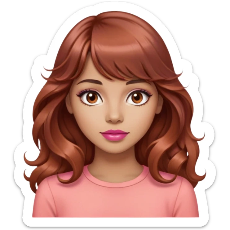 beautiful woman, light tan skin, dark brown eyes, very long wavy auburn hair, bangs, pink top, coral lipstick, cool, model sticker