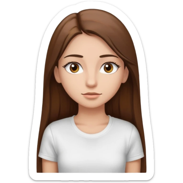 Chica de pelo liso ,largo y marrón con ojos color marrón  y una camiseta blanca y la piel blanca con pestañas sticker