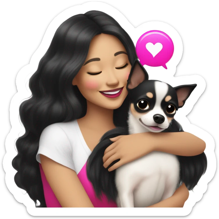 Thick medium black hair and hot pink lips and pink cheek smiling mature Filipino lady hugging black and white Chihuahua  sticker