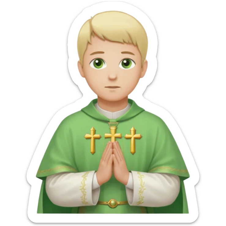a priest, green eyes, blonde hair, light green chasuble (A wide, flowing, bell-shaped outer robe, without any religious symbols). opening arms, gazing thoughtfully. Soft light, subtle fern. Waist-up, profile. sticker