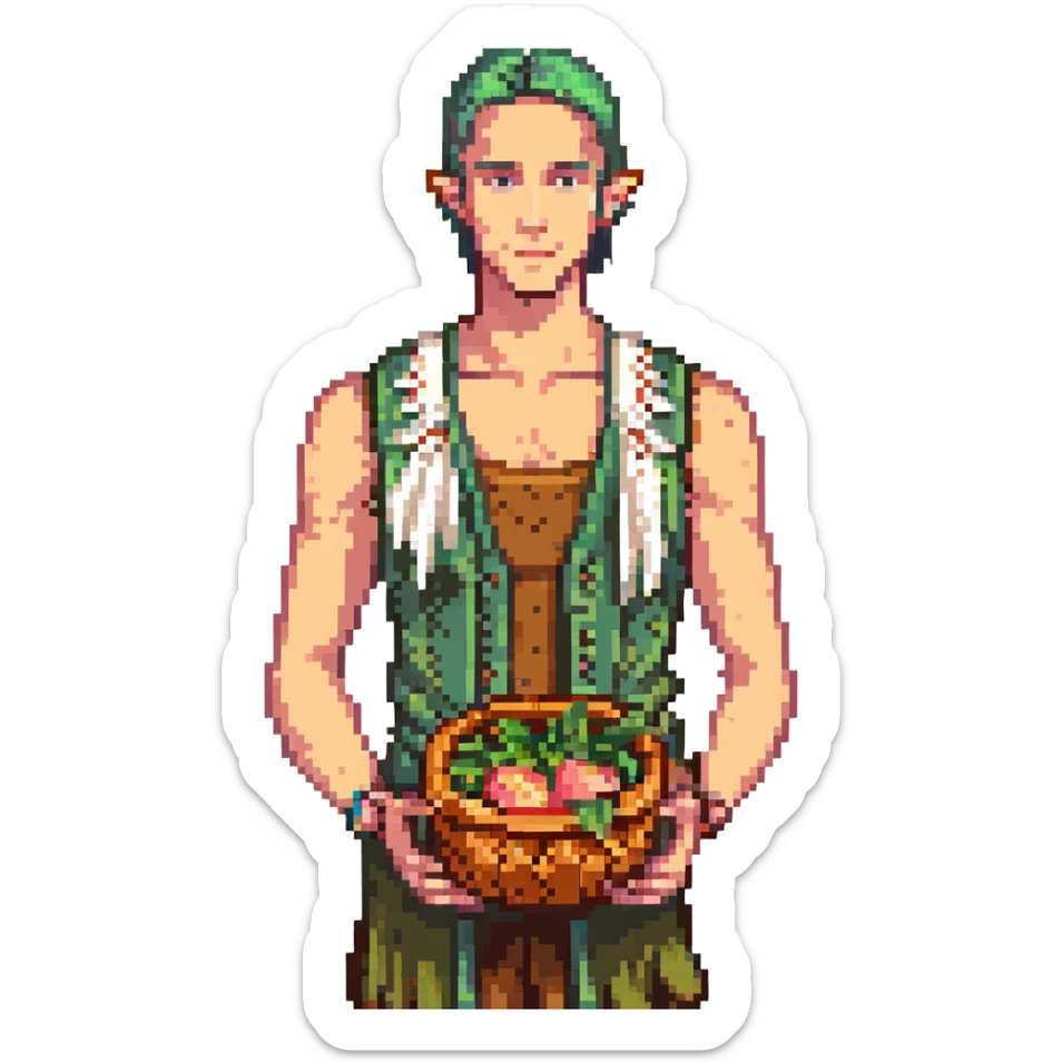 elf male Sleeveless vest with palm-leaf print, basket of exotic fruits (mango/lychee), sunburned nose. sticker