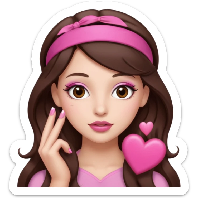 Pink and clothes emoji, inspired with brunette hair, brown eyes, long hair, heart shape lips and pink make up  and pink nails, mauve pink blush and a chocolate brown bandw sticker