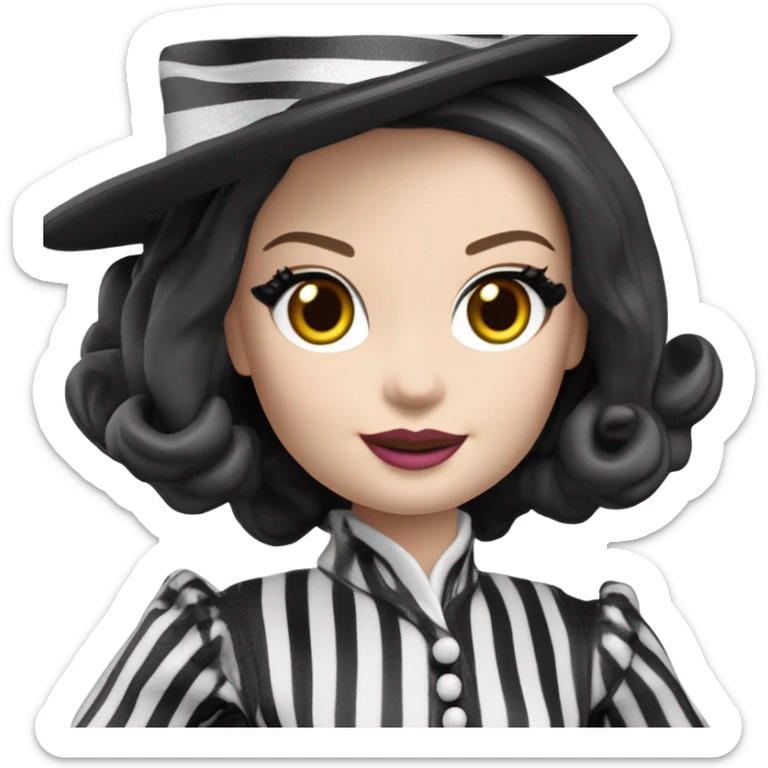 Kentucky Derby Barbie, 1910 Wednesday Addams from academy, in dark-gray and black striped outfit with hat. Smiling Driving Mercedes convertible sports car. Pale-white porcelain skin.  sticker