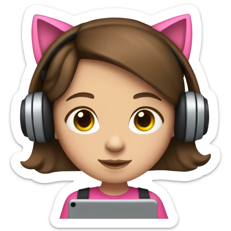 Brunette haired girl wearing pink cat headphones holding an ipad sticker