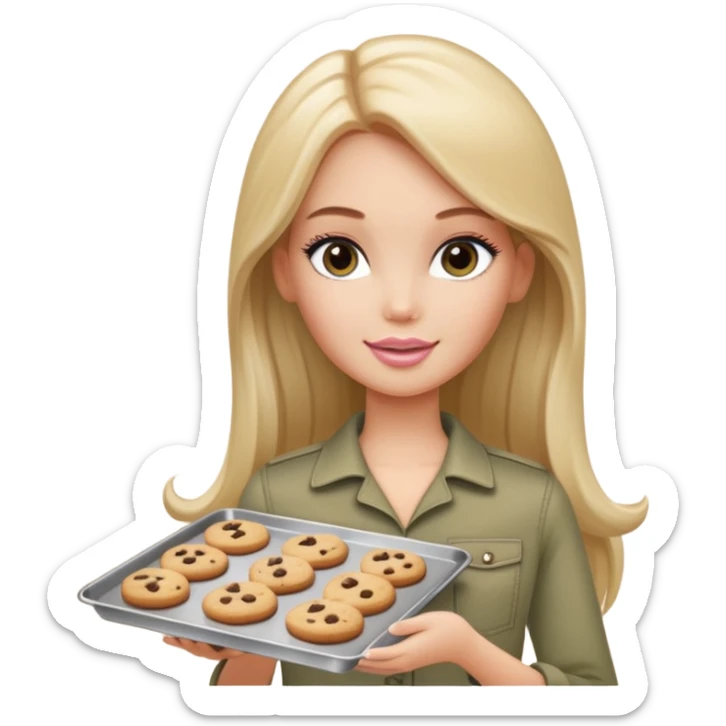 A white Barbie girl with long dark brown straight hair in a pale olive clothes holds a Baking tray with cookies sticker
