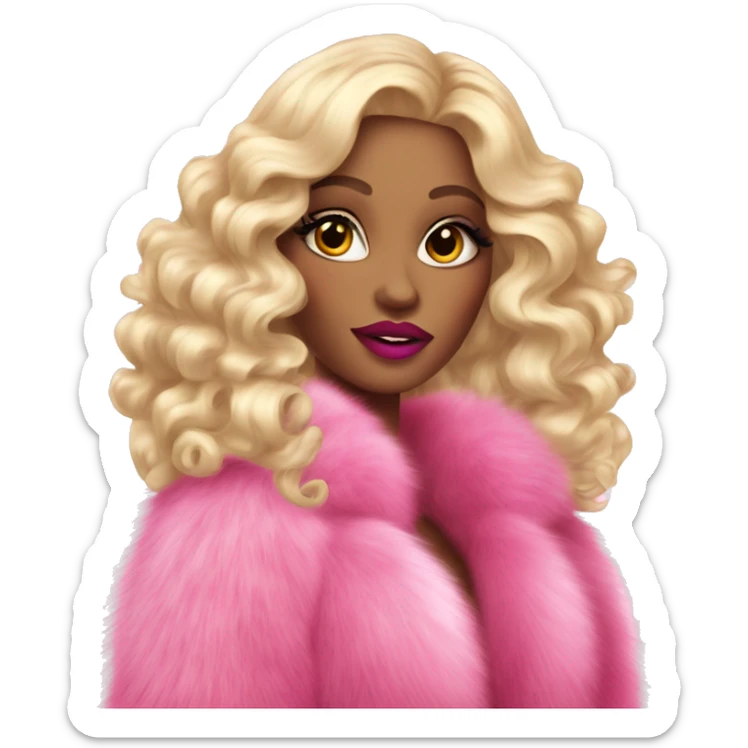 glamorous brightly made-up blonde with long curls in a fur coat with long pink nails and big lips sticker