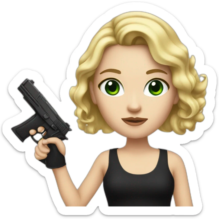 A white girl with blonde hair and green eyes, wearing a short black dress and holding a gun in her hand sticker
