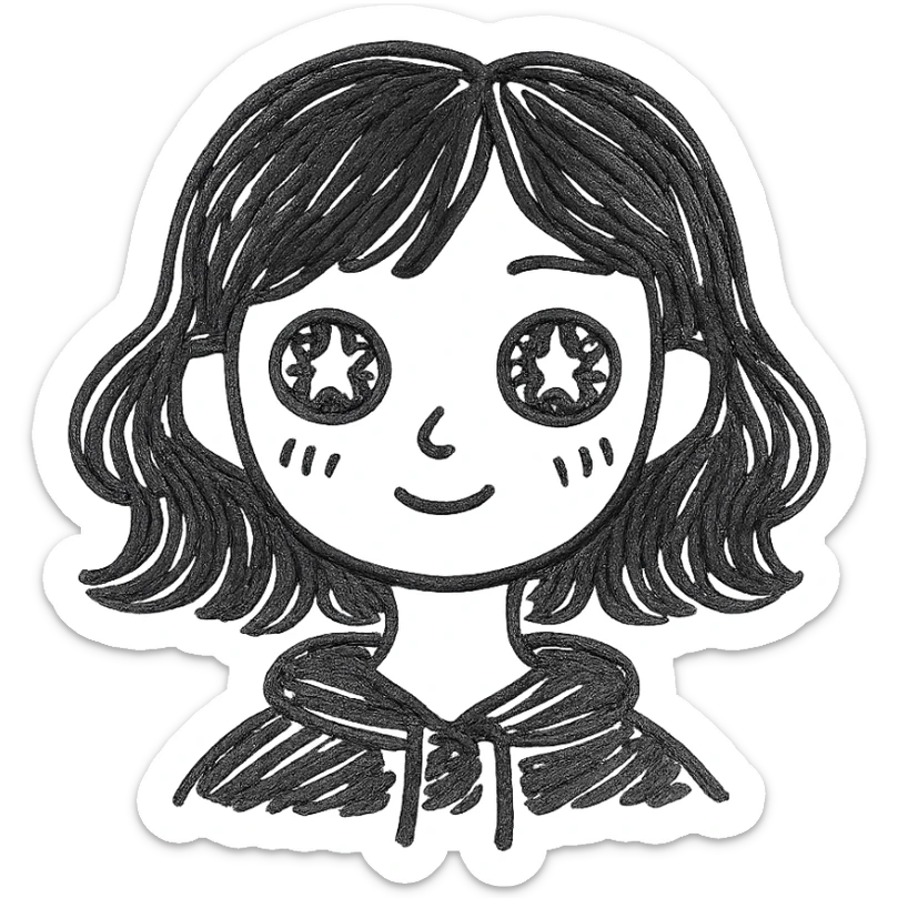 A cute girl with white skin, dark wavy hair just below her shoulders, green eyes, fair skin, a soft pink blush, and burning stars in her eyes. She has a thin neck and is wearing a black hoodie. The girl has long bangs styled on both sides of her face. sticker