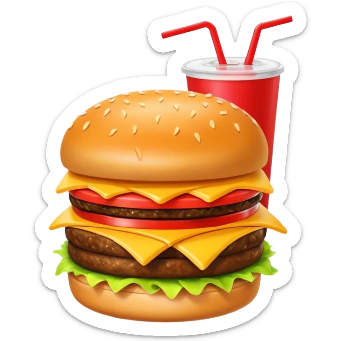 A clean and simple icon of fast food in emoji-style illustration. A burger with fries and a soda cup, bright and bold colors, simple shapes, flat design, high contrast, inviting and appetizing. sticker