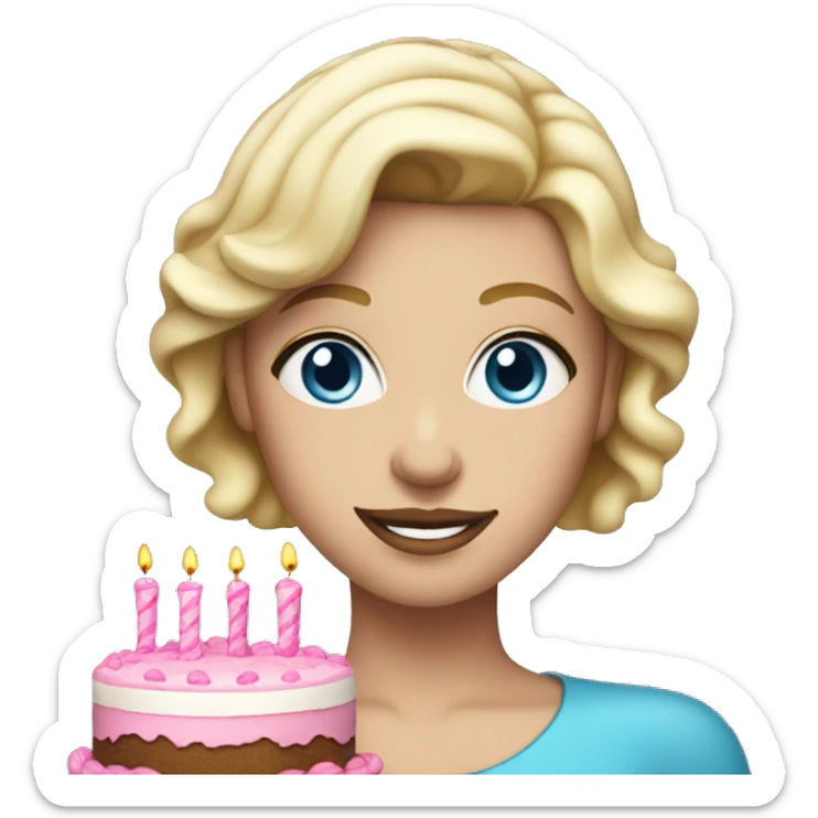 Blonde woman with blue eyes holding a pink birthday cake  sticker