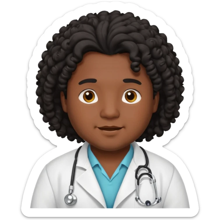 a young chubby male doctor with black long curly hair and cheerful face without gpasses sticker