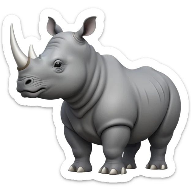 cinematic-rhino-full-body-standing-emoji,white horn, slate grey skin -massive-body-poised-powerfully,-thick-horn-curving-slightly-forward,-head-tilted-dramatically,-rough-grey-hide-covered-in-dust,-simplified-focused-features, sticker