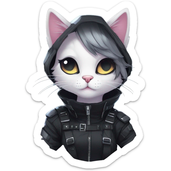 Gorgeous edgy epic futuristic punk gothic dark techwear anime style anthro cat with blushing face aesthetic and pretty edgy black with collar and harness trending style sticker