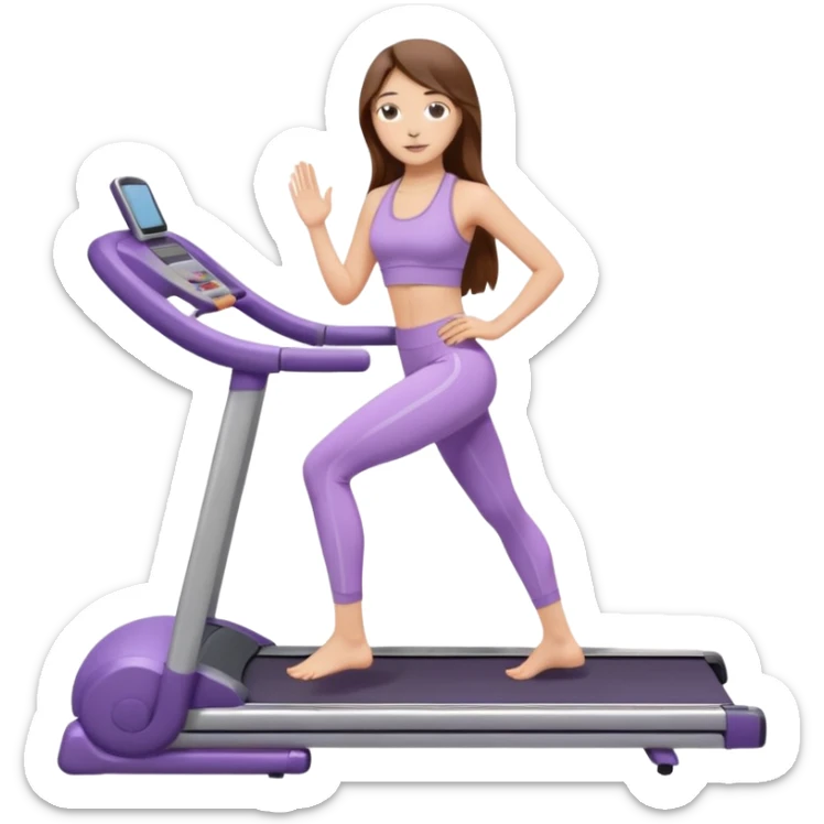 girl with long brown hair on treadmill wearing light purple yoga set sticker