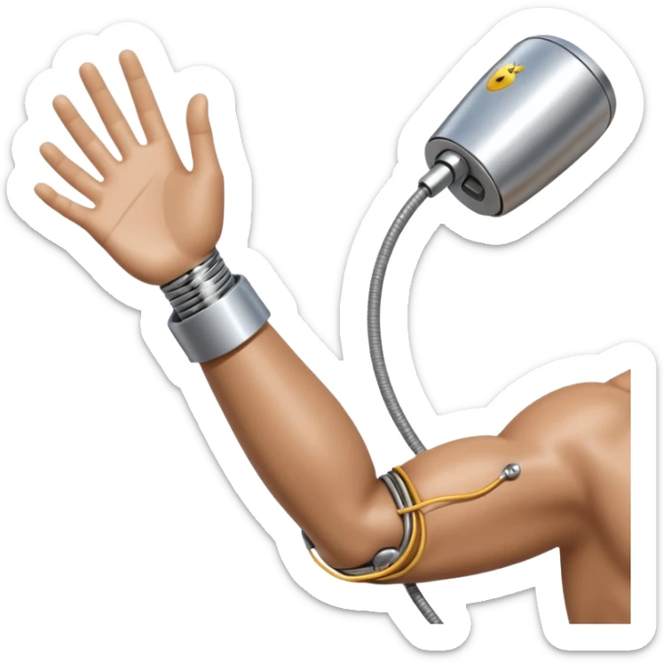 3D render of Bionic Arm, futuristic cyborg aesthetic, fusion of organic skin and chrome metal, polished silver metal arm attached to a tan skin shoulder, exposed wiring, Apple emoji style, isolated on white background --v 6.0. sticker