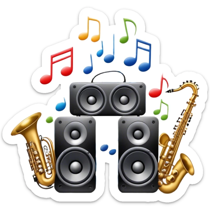 Icon for R&B Music Listening: large concert speakers and headphones with waves of musical notes coming out, along with drums, bass guitar and saxophone. The icon should convey the energetic and rhythmic vibe of R&B music. Transparent background sticker