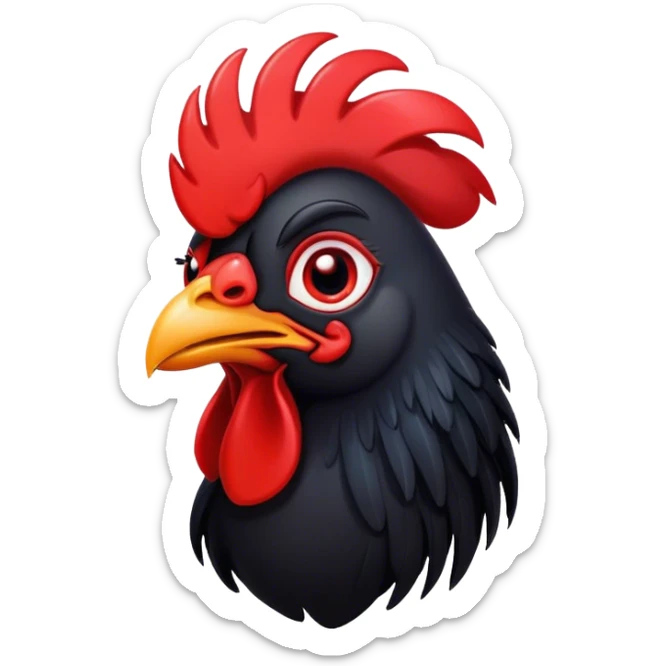 Cinematic Cute Black Rooster Portrait Emoji, Head tilted playfully and inquisitively, featuring a glossy, immaculate black plumage with a vibrant red comb, round, sparkling eyes filled with curiosity, Simplified yet irresistibly adorable features, highly detailed, glowing with a warm, friendly glow, high shine, affectionate and spirited, stylized with a touch of farmyard whimsy, bright and endearing, soft glowing outline, capturing the essence of a mischievous yet loving rooster, so playful it feels like it could strut out of the screen and into your arms! sticker
