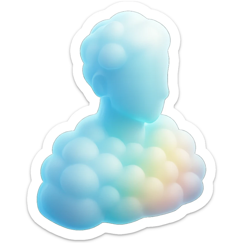 person made entirely of bright, voluminous clouds up to shoulders, matte glass style, bright colors, voluminous clouds sticker