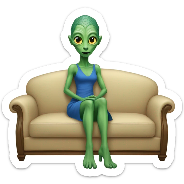 green alien reptilian woman in blue dress, sitting on a beige couch  sticker