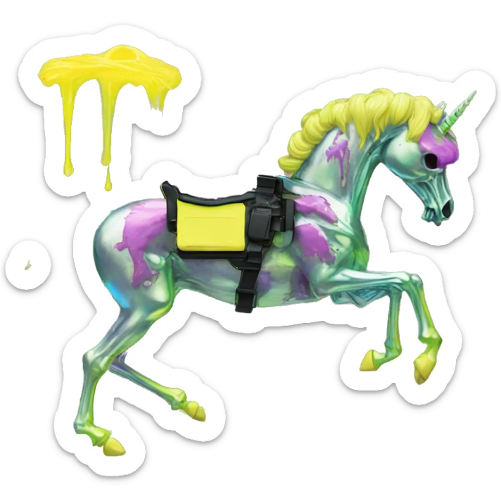 .Zombie_ vaporwave black holographic oilslick zombie unicorn yellow caution tape graffiti Pegasus skeleton  sticker