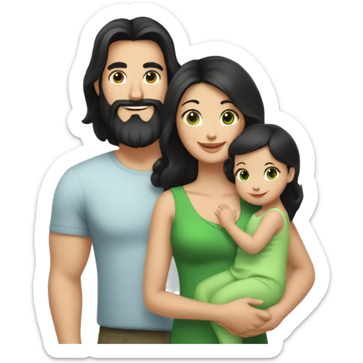 dad with black beard, white skin mom with long straight black hair and green eyes, and baby girl  with black hair sticker