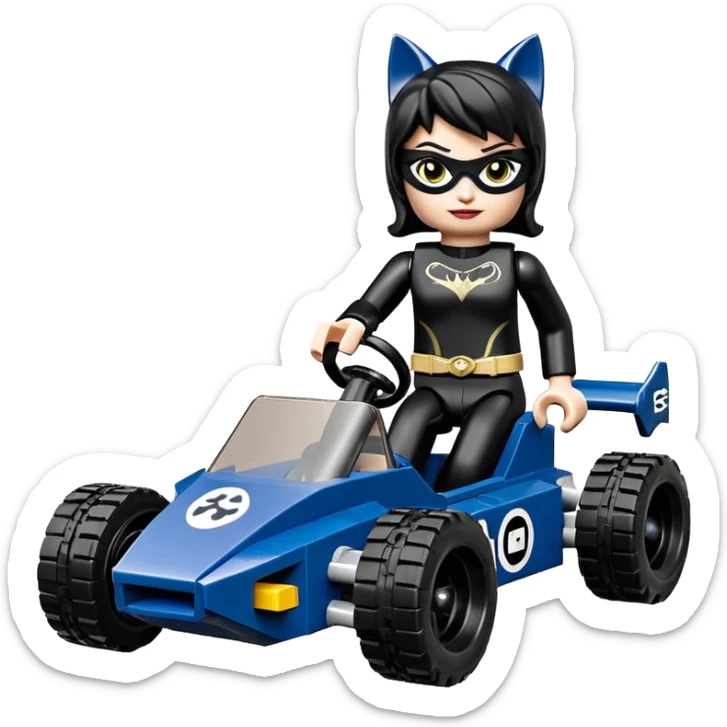 full size real-appearance road racing sexy buxom CatWoman’s feminine midnight-colored tight outfit sixty’s tv show dark stealthy accurate sporty safe plush deluxe Lego off-road pursuit drifting car lexus (black hair,reclining and relaxed torso and shoulders back against seat) rallycross kart  sticker