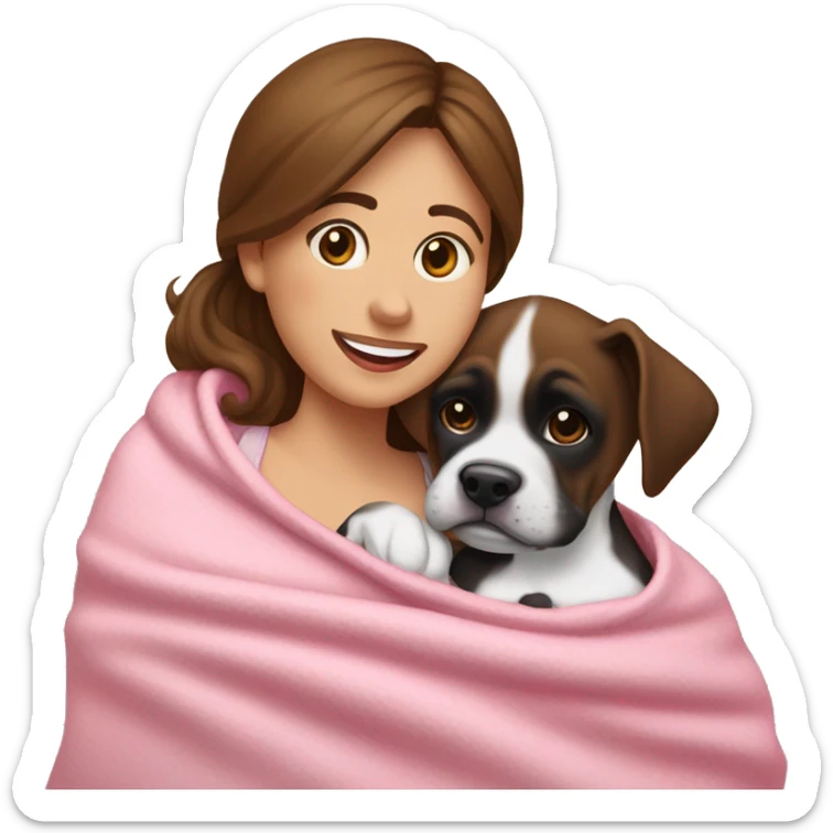 a woman with brown hair is cradling her puppy in a pink baby blanket. the puppy is a black and white boxer dog. the woman is smiling with mouth ajar. you can see the woman cradling the puppy like a baby from her waist up.  sticker