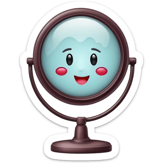 Minimalist emoji-style sticker of a vanity mirror with dim bulbs and cracked glass, words “Am I real yet?” smeared in dusty lipstick tone


 sticker