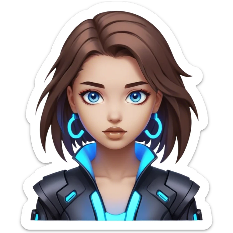 Neon cyberpunk style 
girl with brown hair and blue eyes 
shoots sticker