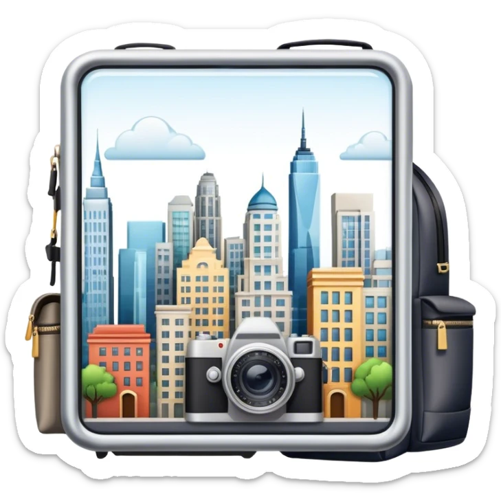 Icon for Urban Tourism: city skyline with iconic buildings, a camera and a backpack. The icon should represent the exploration of urban destinations, with elements like streets, landmarks, and vibrant city life. Transparent background. sticker