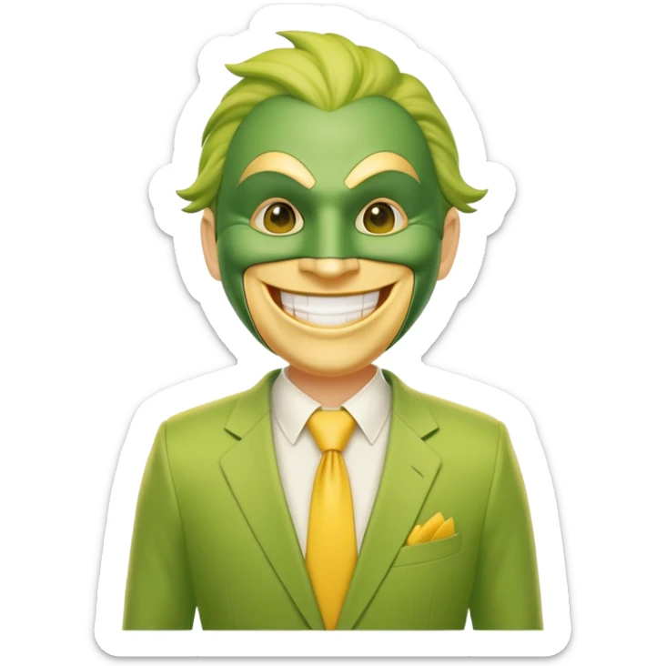 Green faced character with yellow suit and big smile from The Mask movie sticker