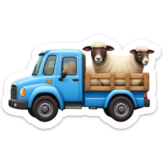 3D emoji of a Peruvian truck transporting sheep in the back, wooden cargo bed, Andes mountain landscape, dusty countryside road, glossy finish, bold outlines, vibrant natural colors, sticker design, transparent background sticker