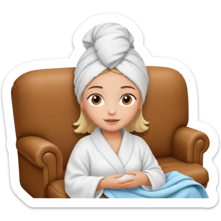 spa A contented and relaxed girl with a towel on her head in a white robe lies on a couch. The icon displays the couch and the girl in full three-quarter view. sticker