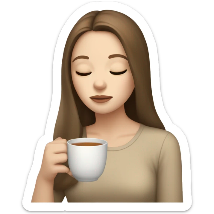 pale Girl with brown hair sipping tea, beige colors, eyes closed sticker