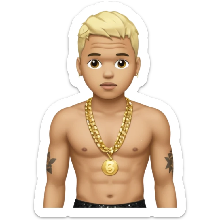 Chris Brown with blonde hair, black sequin baggy pants, shirtless with necklace sticker