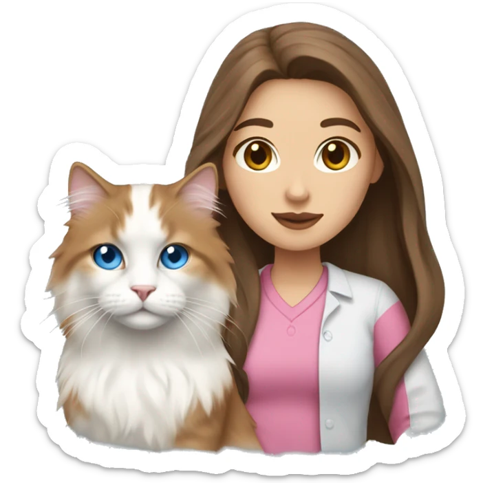 woman with long brown hair and pink shirt and holding a all white Siberian cat with blue eyes sticker