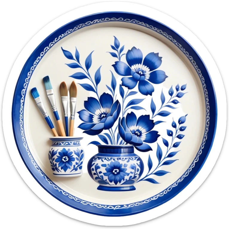 Gzhel-style metal painting icon, hand-painted Gzhel-style metal tray with intricate blue and white floral patterns, visible paintbrush and paint pots, metal surface in the process of being painted, no finished artwork, just the painting process, minimalistic style, clean lines, transparent background. sticker