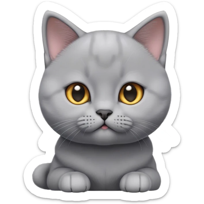 cinematic-cute-british shorthair-kitten cat-portrait-emoji,-head-tilted-playfully-and-inquisitively,-sleek-solid-grey-fur,-simplified-yet-adorable-features,-highly-detailed,-glowing-with-a-warm,-friendly-glow sticker