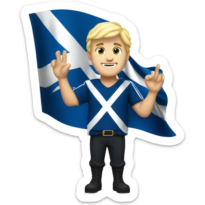 Scottish guy with blonde hair waving hand to say hello with a Scotland flag in the background  sticker