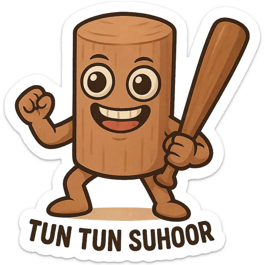 chibi emoji of Tun Tun Suhoor, wooden stick body, matte brown texture, huge cartoon eyes, grinning mouth, human arms and legs, holding a wooden bat, comical and absurd meme, no text sticker