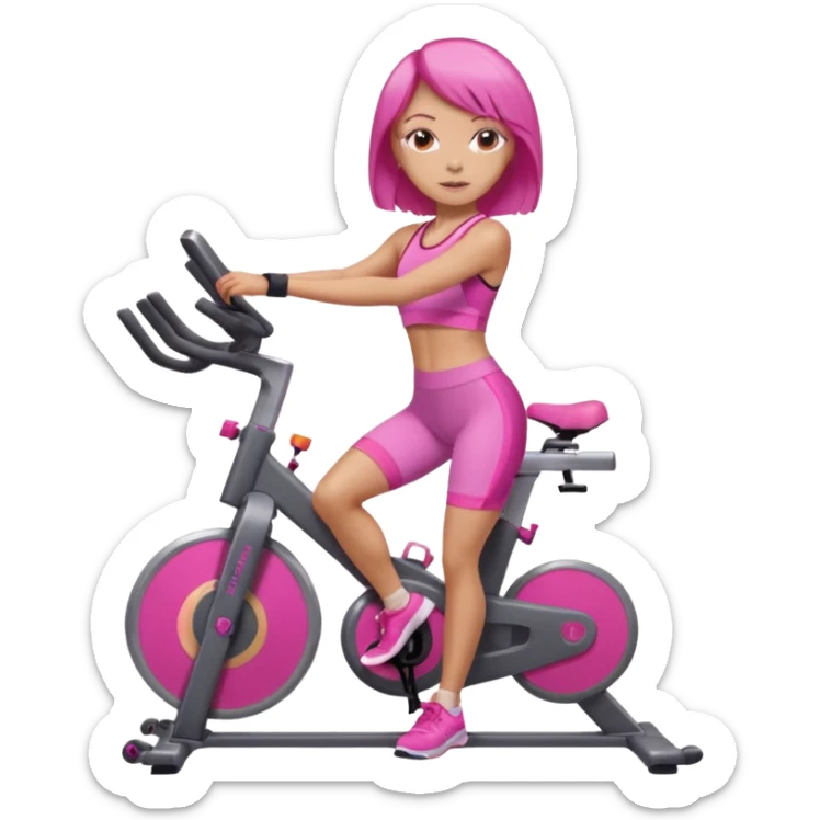 Light tan girl with a brown bob hat style with pink highlights in a pink workout set leaning on a indoor spin bike with NO HELMET,  but add pink hair highlights  sticker